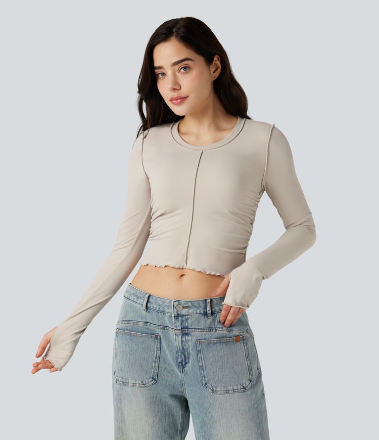 Round Neck Long Sleeve Thumb Holes Ruched Lettuce Trim Casual T-Shirt