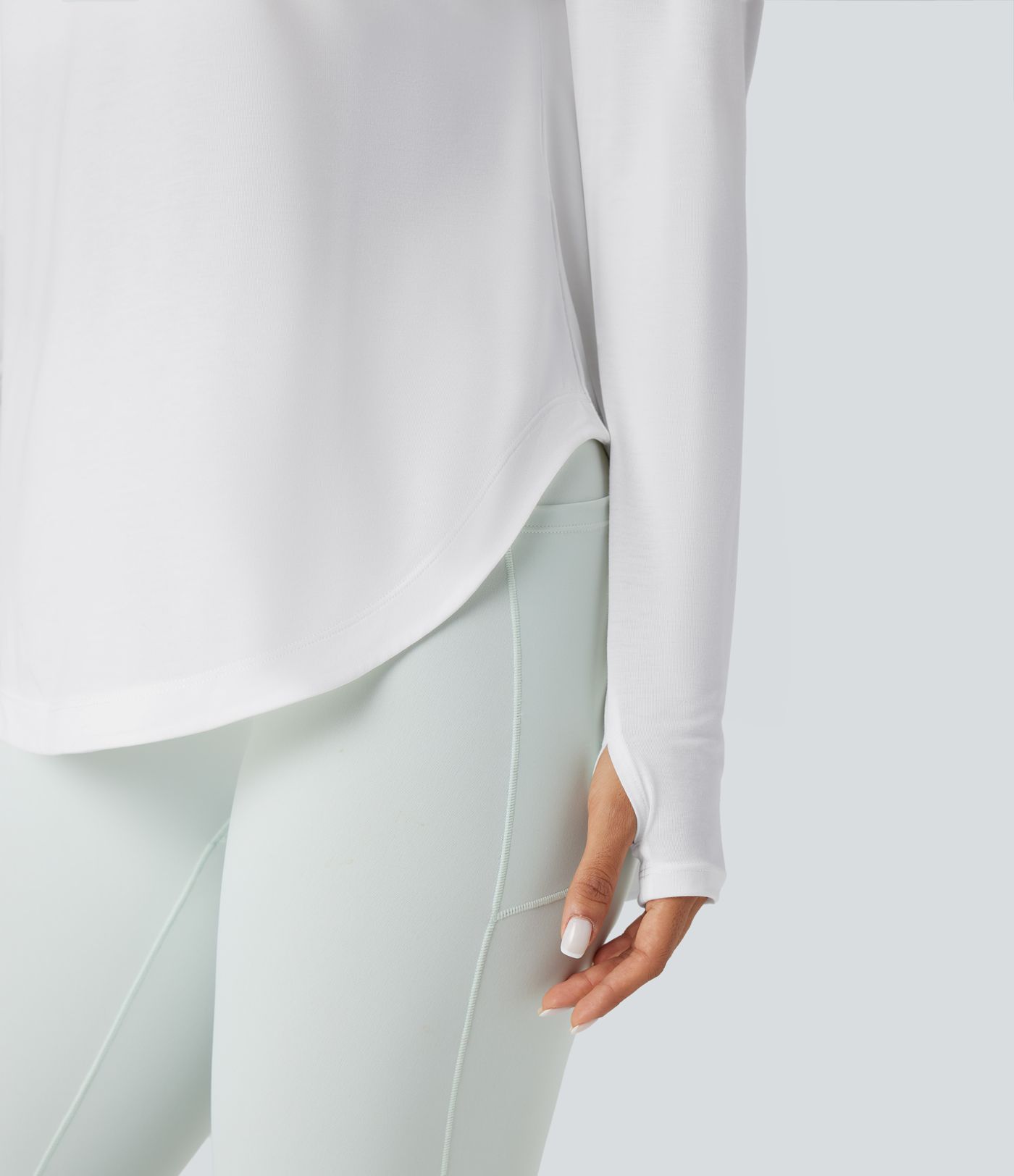 One Shoulder Long Sleeve Thumb Hole Curved Hem High Low Quick Dry Yoga Sports Top-Built-in Bra