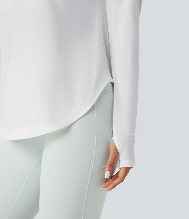 One Shoulder Long Sleeve Thumb Hole Curved Hem High Low Quick Dry Yoga Sports Top-Built-in Bra