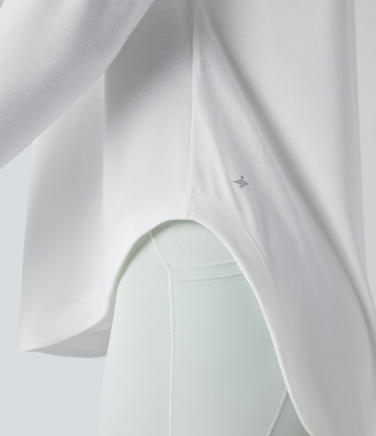 One Shoulder Long Sleeve Thumb Hole Curved Hem High Low Quick Dry Yoga Sports Top-Built-in Bra