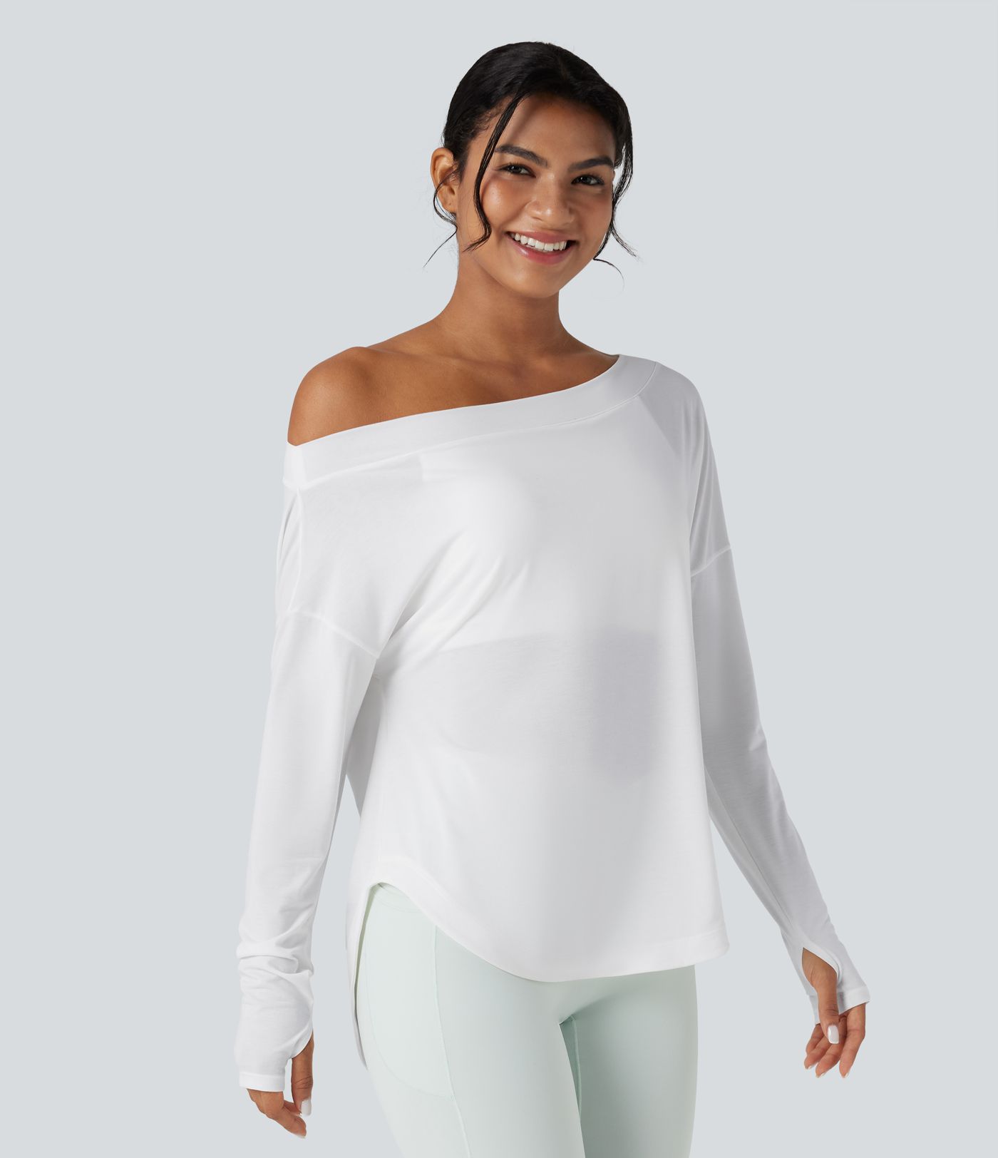 One Shoulder Long Sleeve Thumb Hole Curved Hem High Low Quick Dry Yoga Sports Top-Built-in Bra