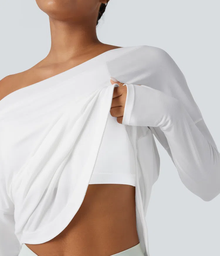 Yoga-Sport-Top mit integriertem BH, One-Shoulder-Design, langen Ärmeln, Daumenlöchern und gebogenem Saum - schnelltrocknend