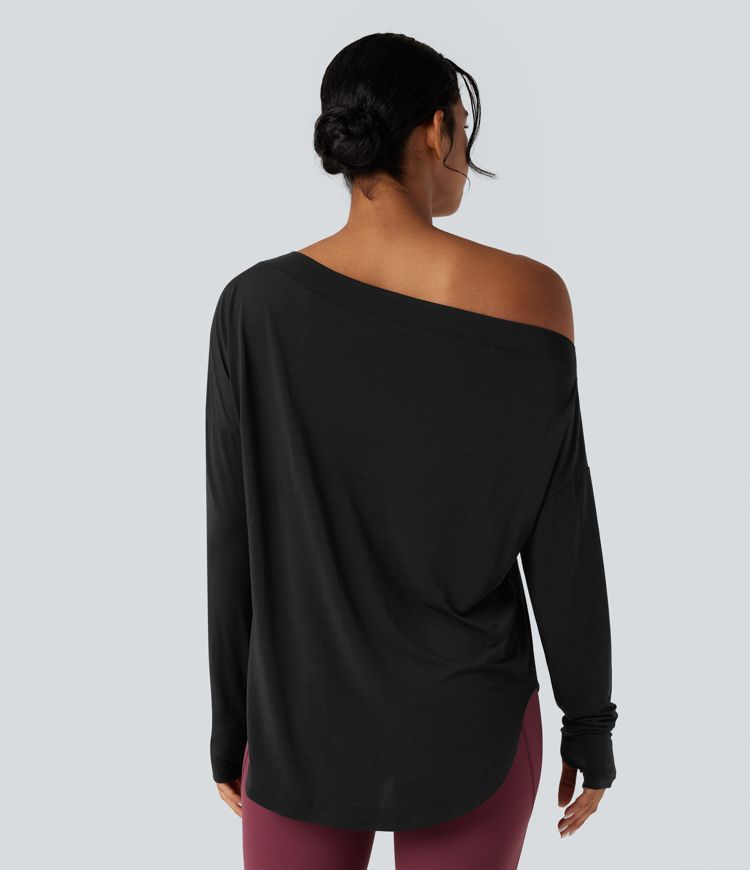 One Shoulder Long Sleeve Thumb Hole Curved Hem High Low Quick Dry Yoga Sports Top-Built-in Bra