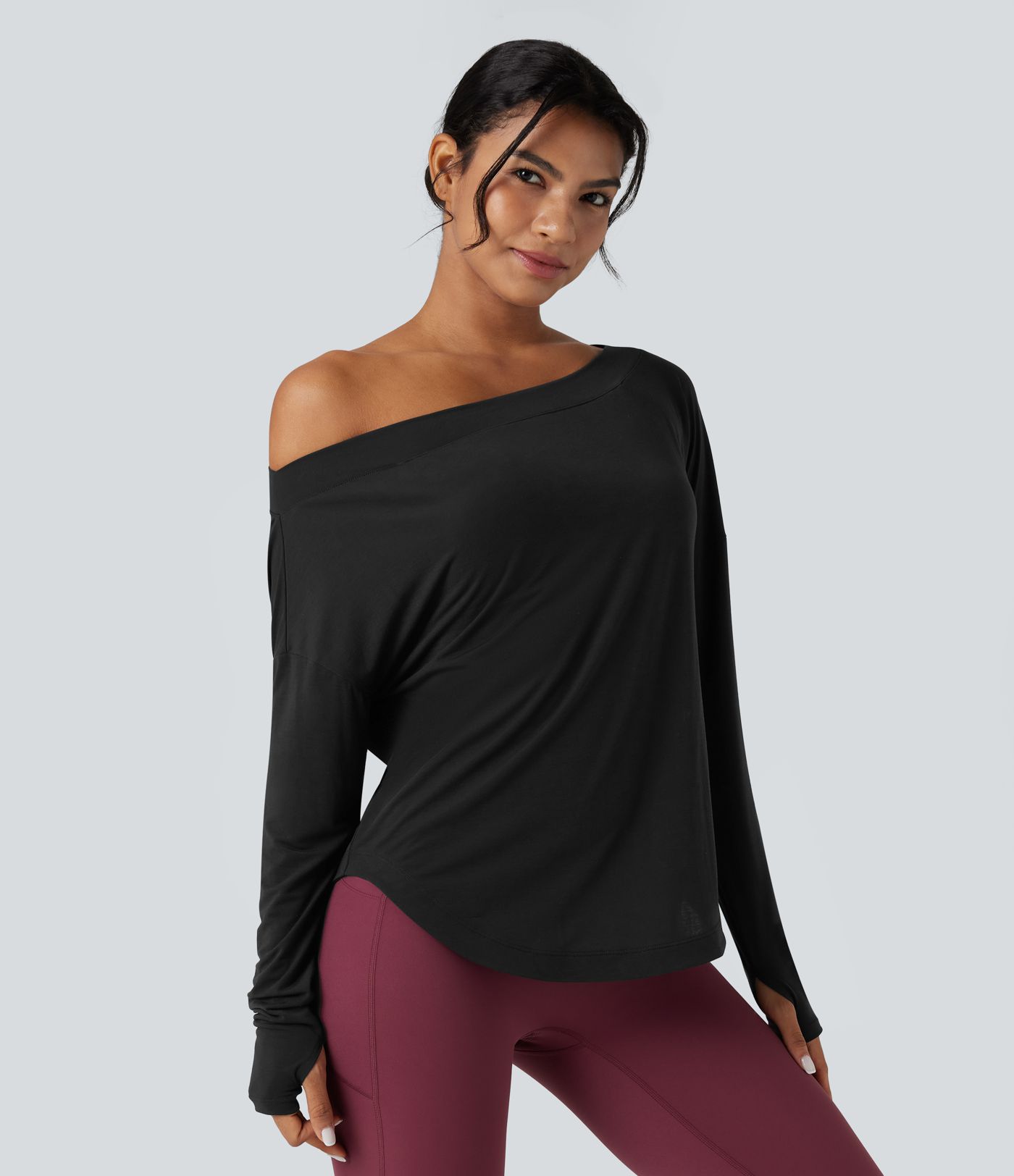 Top de sport yoga une épaule séchage rapide ourlet arrondi asymétrique manches longues avec trous pouces - Brassière intégrée