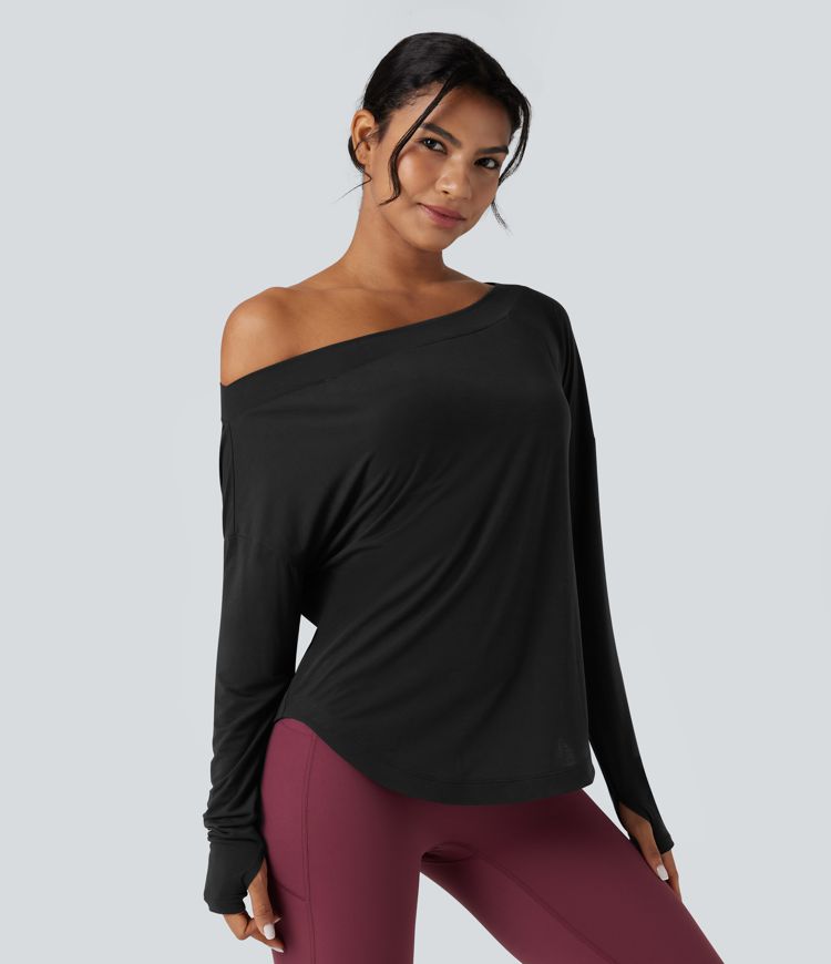Top de sport yoga une épaule séchage rapide ourlet arrondi asymétrique manches longues avec trous pouces - Brassière intégrée