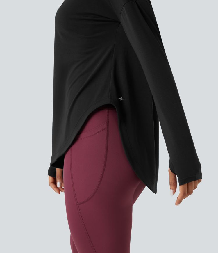 Top de sport yoga une épaule séchage rapide ourlet arrondi asymétrique manches longues avec trous pouces - Brassière intégrée