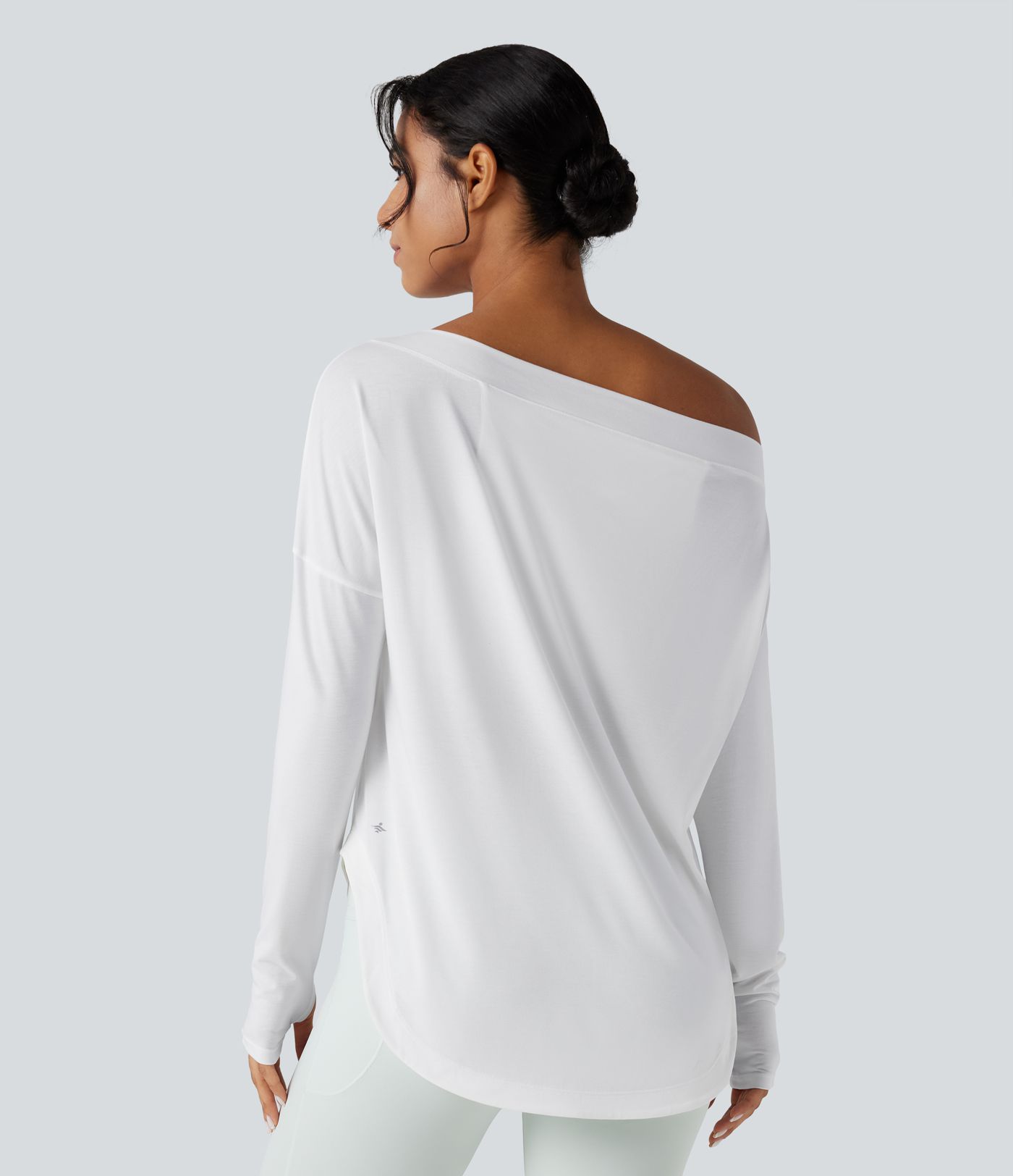 One Shoulder Long Sleeve Thumb Hole Curved Hem High Low Quick Dry Yoga Sports Top-Built-in Bra