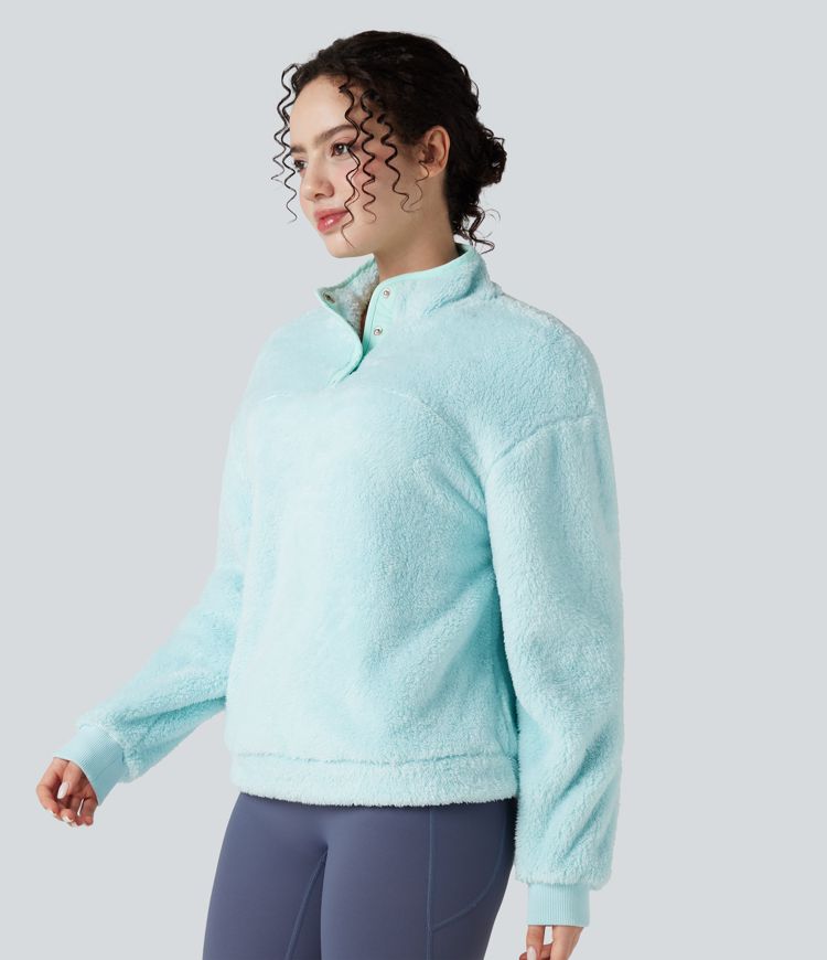 Lässiges Fleece-Sweatshirt mit Stehkragen und Knöpfen