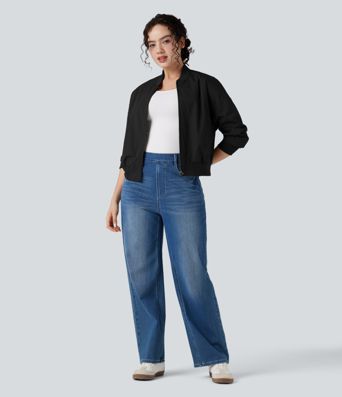 Zipper Fly Relaxed Casual Bomber Jacket with Pockets