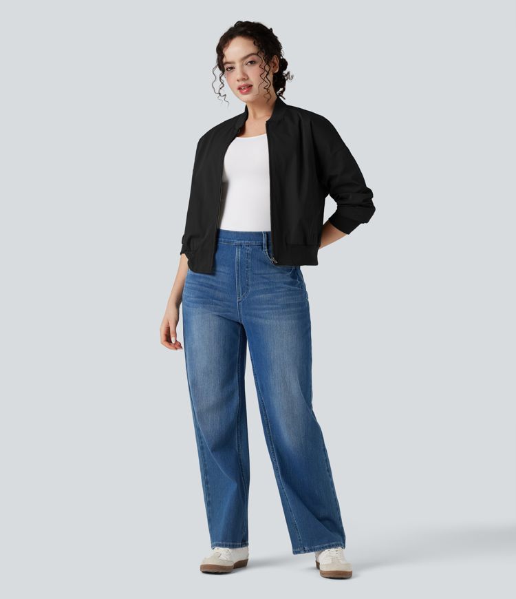 Zipper Fly Relaxed Casual Bomber Jacket with Pockets