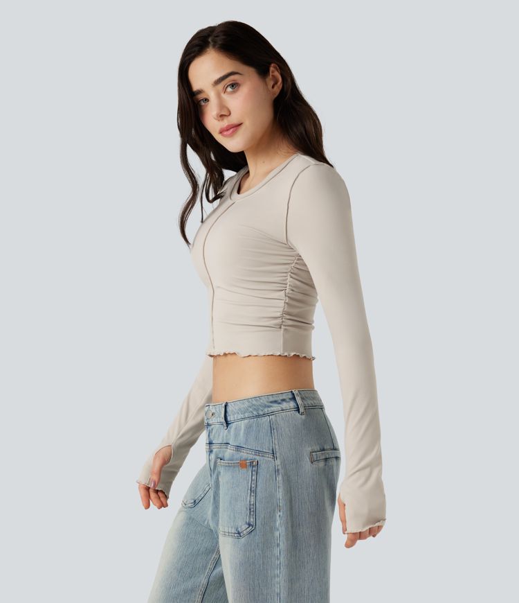 Round Neck Long Sleeve Thumb Holes Ruched Lettuce Trim Casual T-Shirt