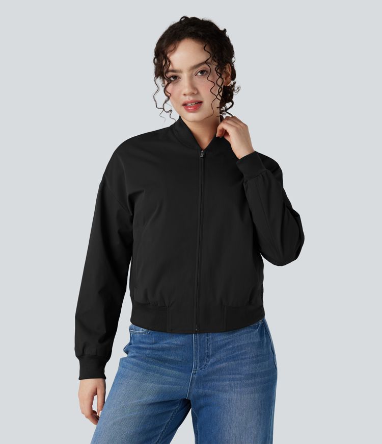 Zipper Fly Relaxed Casual Bomber Jacket with Pockets