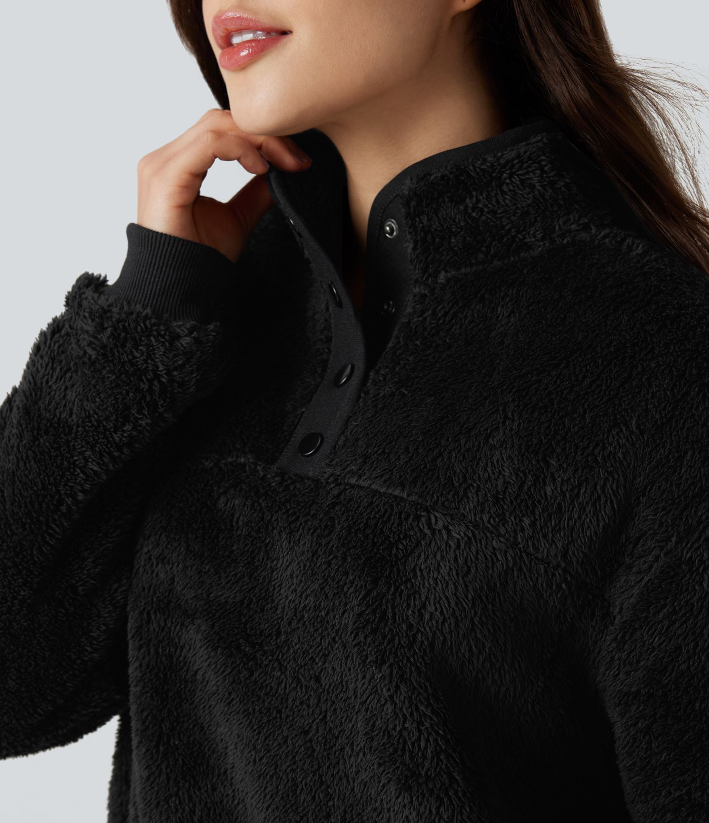 Stand Collar Button Casual Fleece Sweatshirt