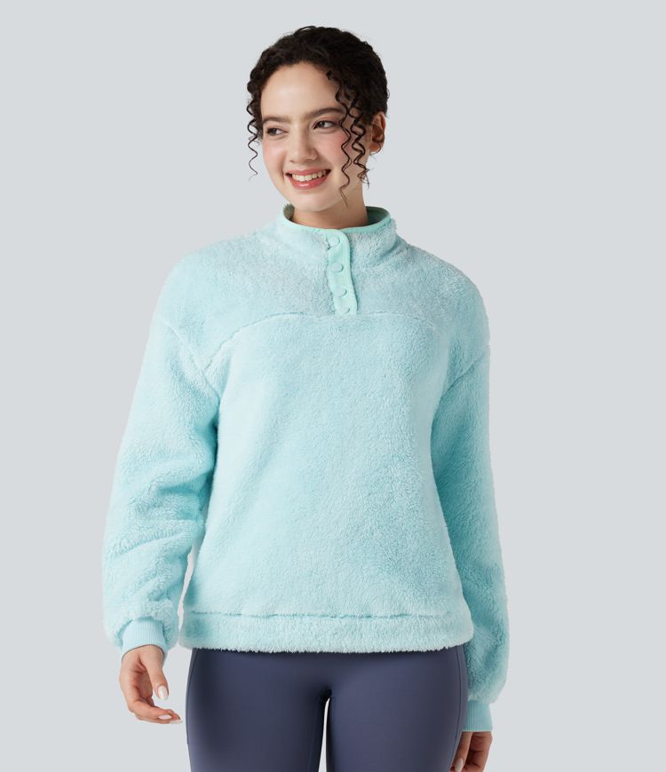 Lässiges Fleece-Sweatshirt mit Stehkragen und Knöpfen