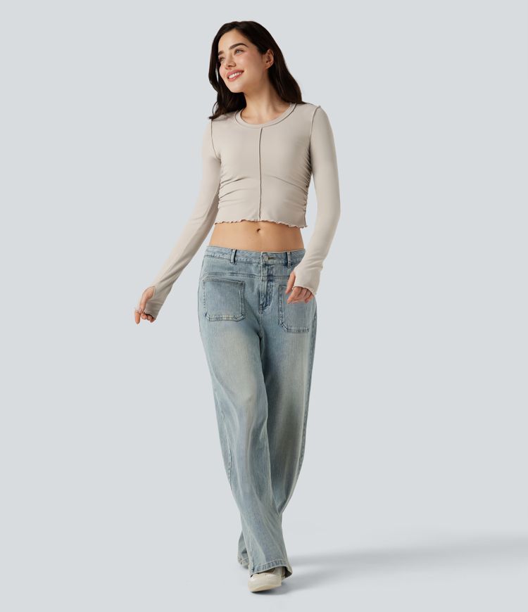 Round Neck Long Sleeve Thumb Holes Ruched Lettuce Trim Casual T-Shirt