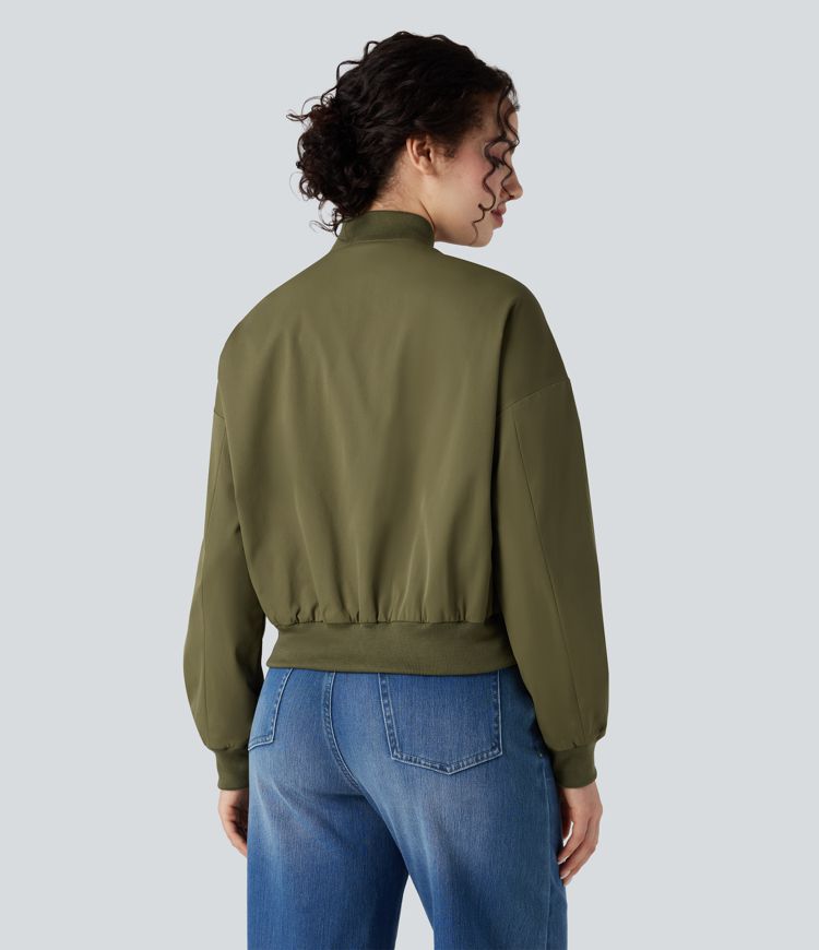 Zipper Fly Relaxed Casual Bomber Jacket with Pockets