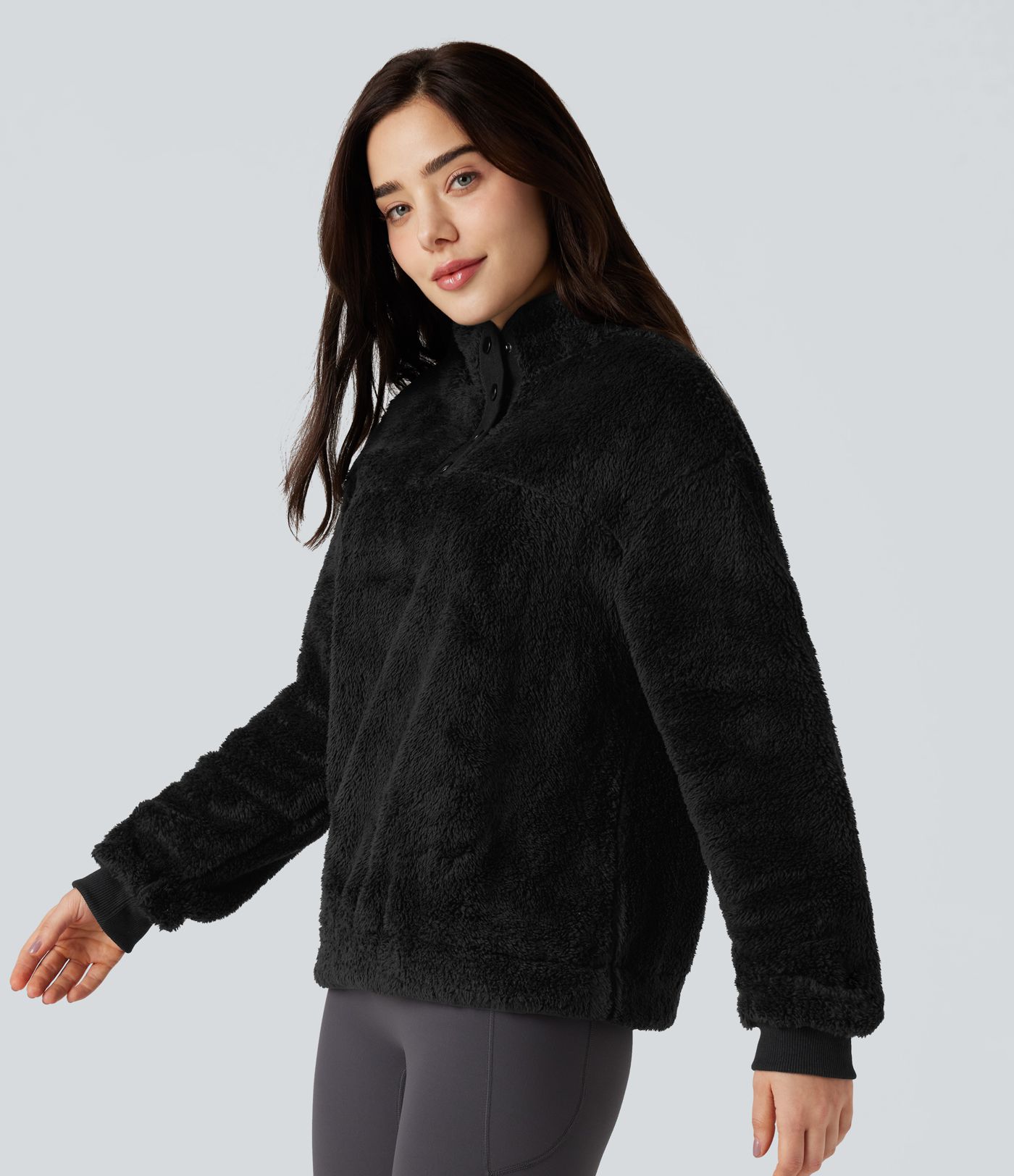 Stand Collar Button Casual Fleece Sweatshirt