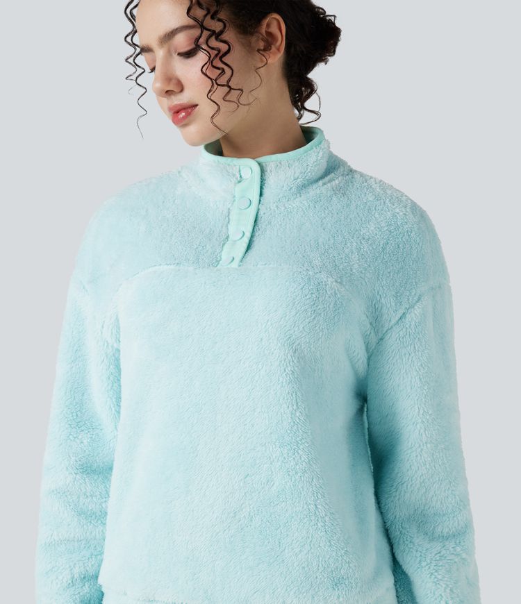 Lässiges Fleece-Sweatshirt mit Stehkragen und Knöpfen