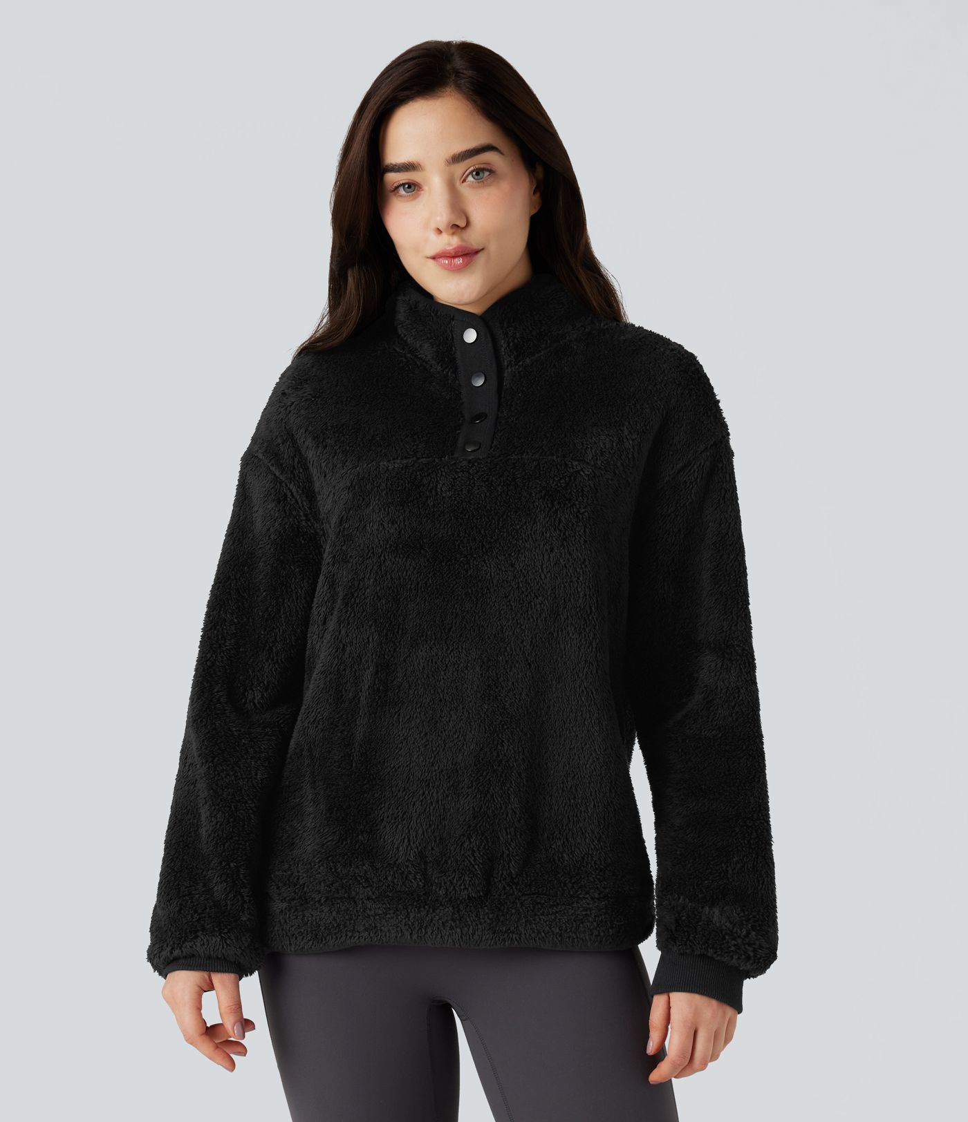 Stand Collar Button Casual Fleece Sweatshirt