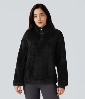 Stand Collar Button Casual Fleece Sweatshirt