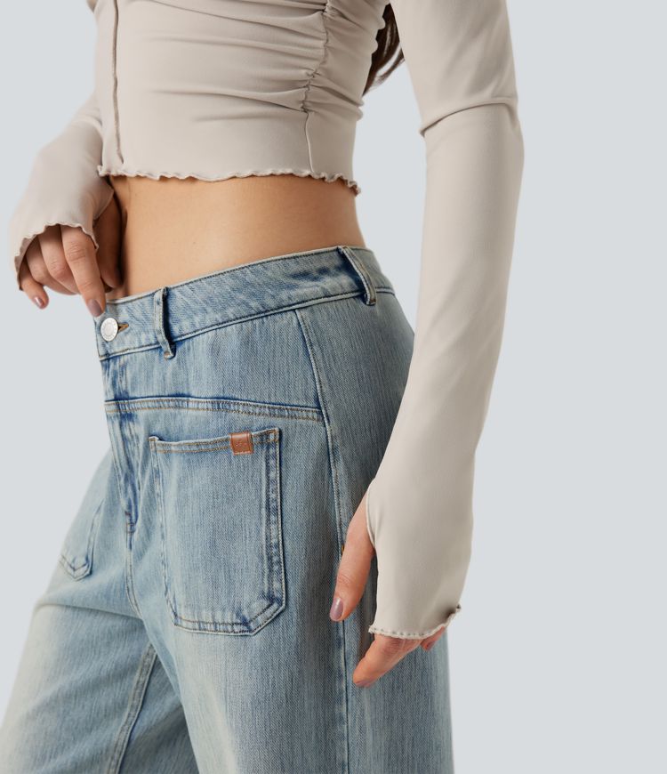 Round Neck Long Sleeve Thumb Holes Ruched Lettuce Trim Casual T-Shirt