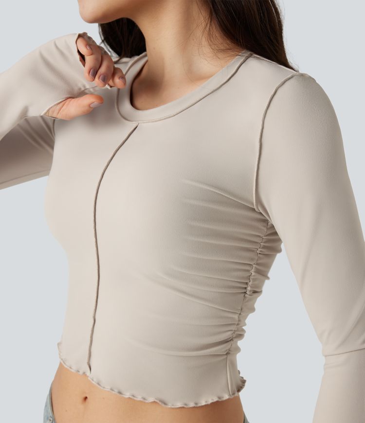Round Neck Long Sleeve Thumb Holes Ruched Lettuce Trim Casual T-Shirt