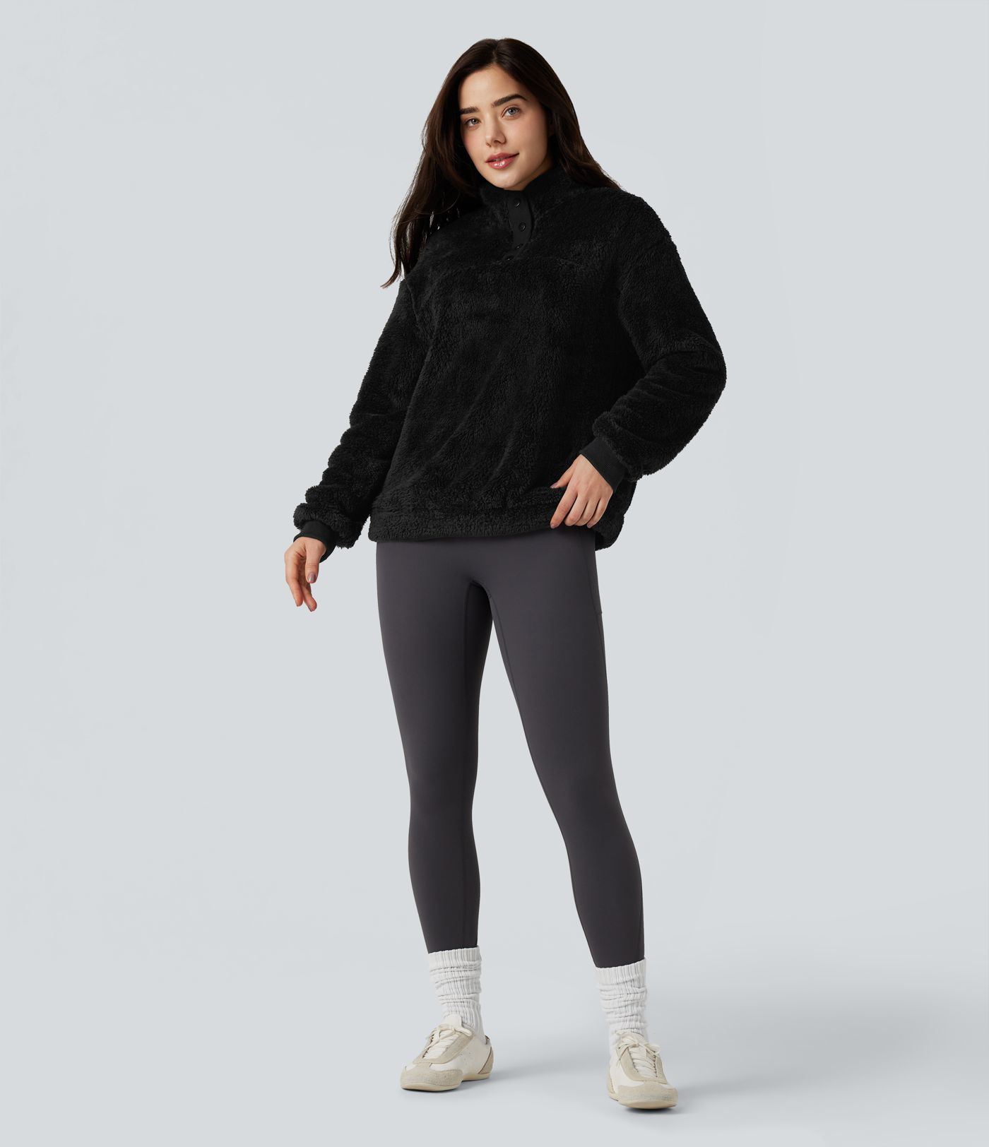 Stand Collar Button Casual Fleece Sweatshirt