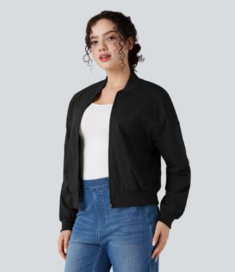 Zipper Fly Relaxed Casual Bomber Jacket with Pockets