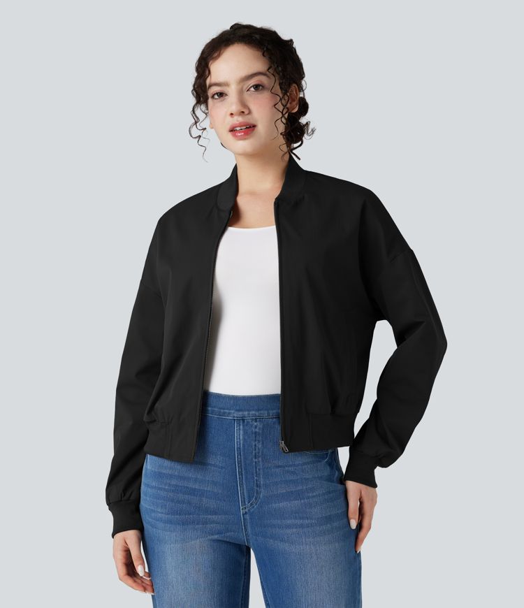 Zipper Fly Relaxed Casual Bomber Jacket with Pockets