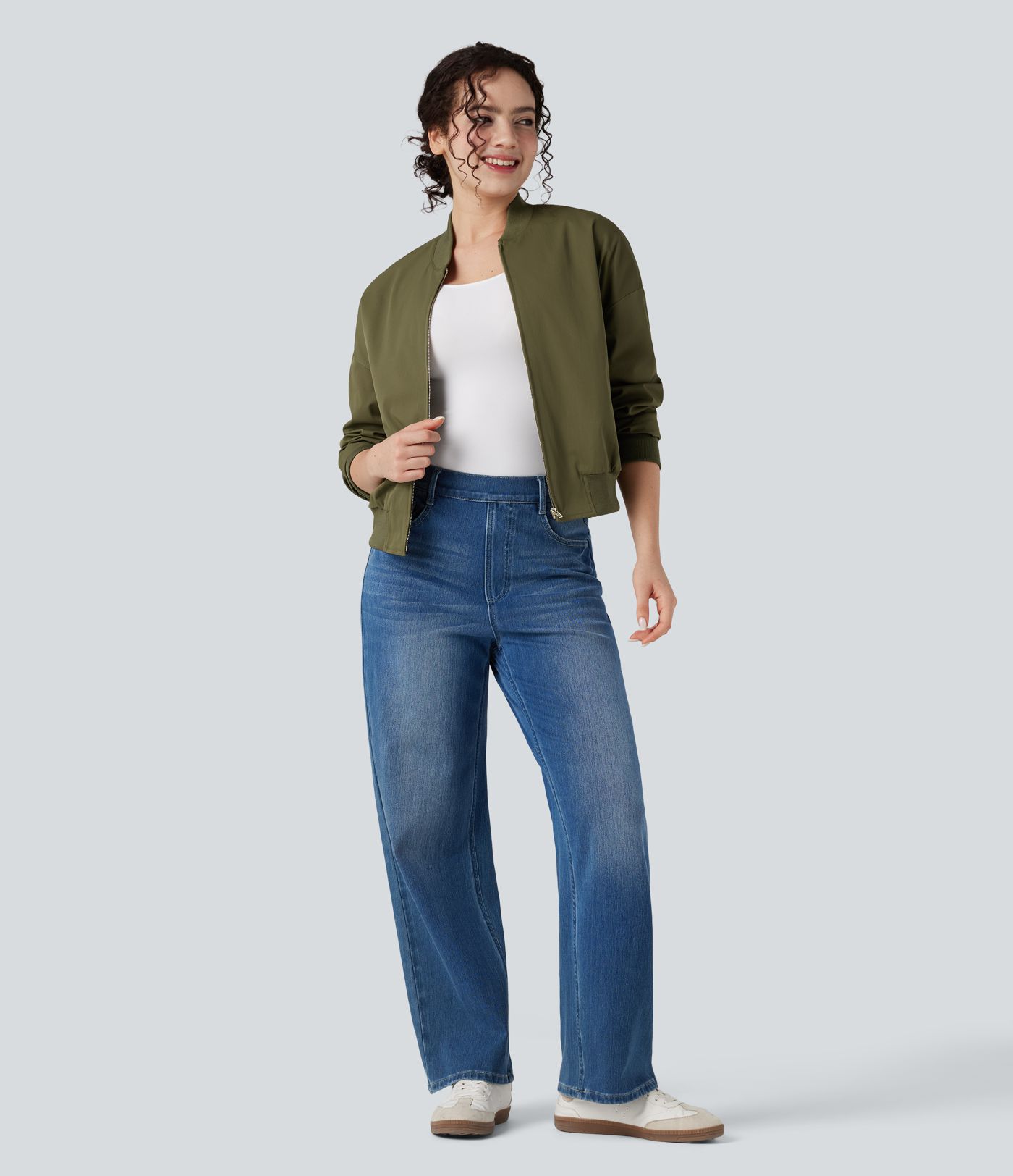 Zipper Fly Relaxed Casual Bomber Jacket with Pockets