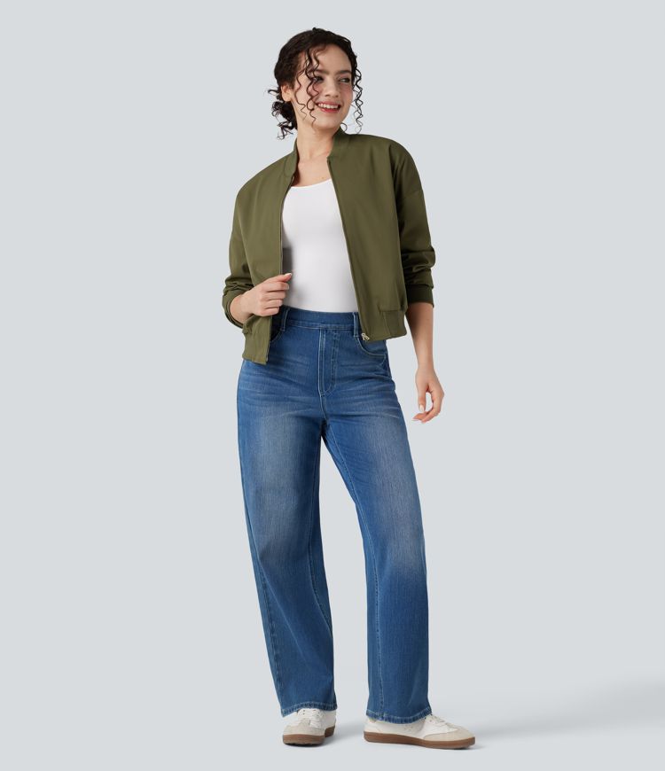 Zipper Fly Relaxed Casual Bomber Jacket with Pockets