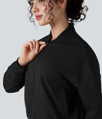 Zipper Fly Relaxed Casual Bomber Jacket with Pockets