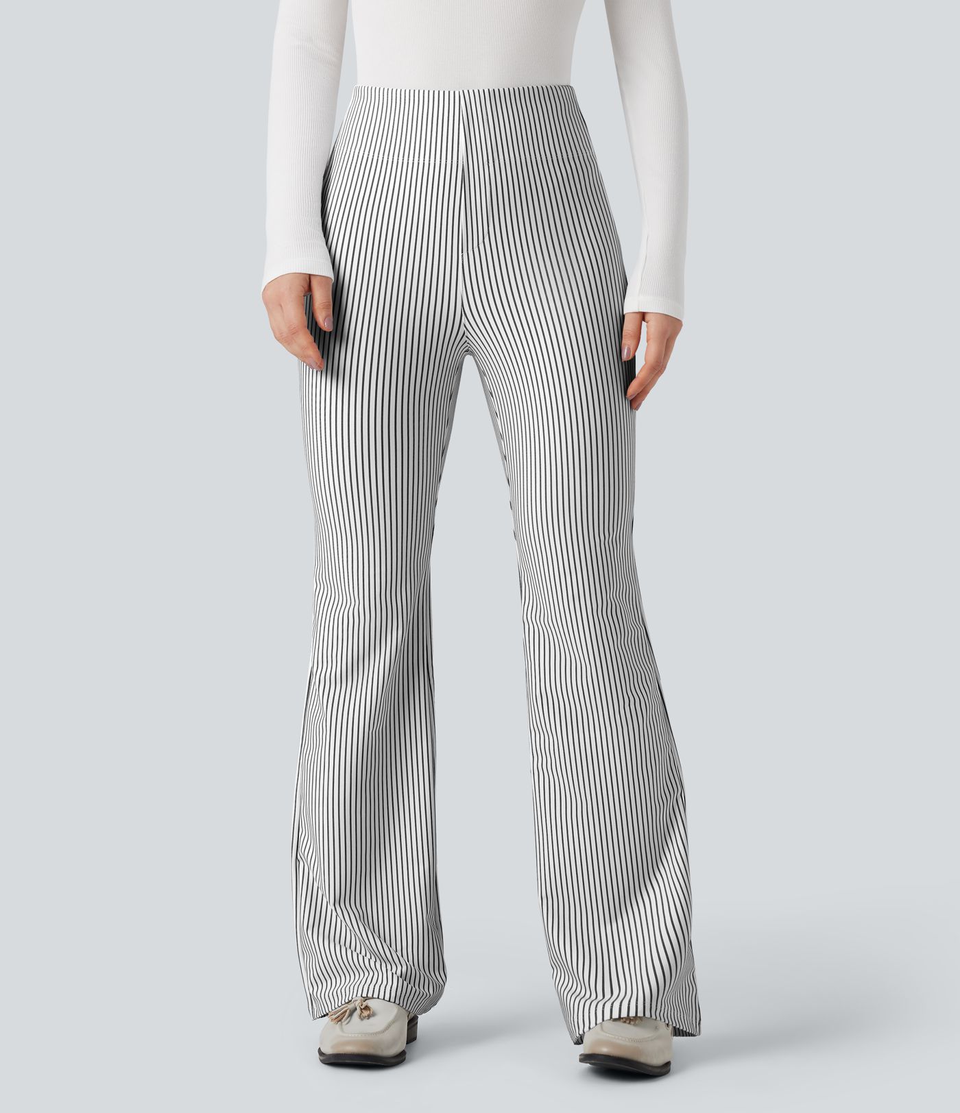 Pantalones acampanados de trabajo de talle alto a rayas con bolsillos