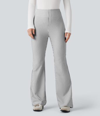 Pantalones acampanados de trabajo de talle alto a rayas con bolsillos