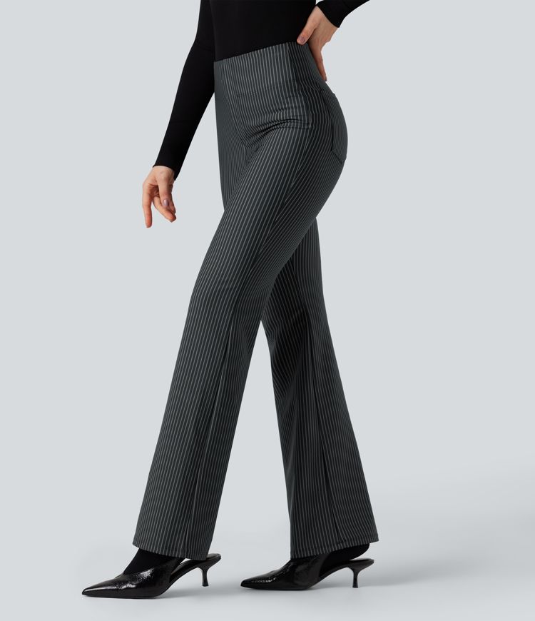 High Waisted Striped Work Flare Pants with Pockets