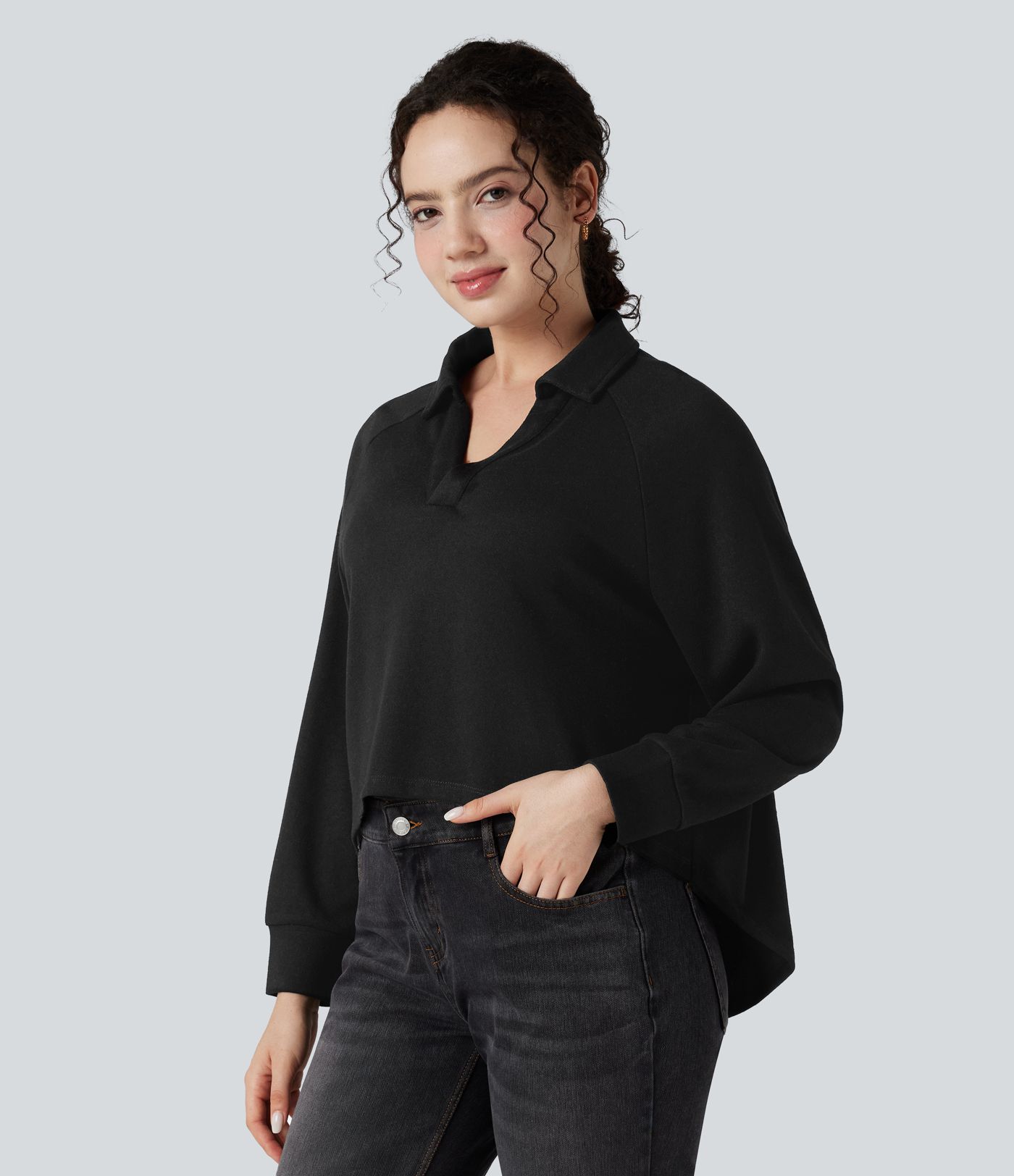 Sweatshirt mit Reverskragen und Raglanärmeln, langärmlig, High‑Low‑Saum, locker und lässig Sweatshirt mit Reverskragen und Raglanärmeln, langärmlig, High‑Low‑Saum, locker und lässig