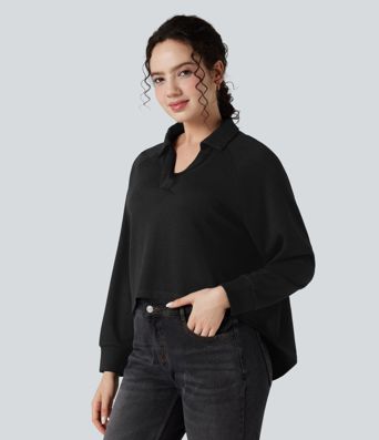 Sweatshirt mit Reverskragen und Raglanärmeln, langärmlig, High‑Low‑Saum, locker und lässig Sweatshirt mit Reverskragen und Raglanärmeln, langärmlig, High‑Low‑Saum, locker und lässig