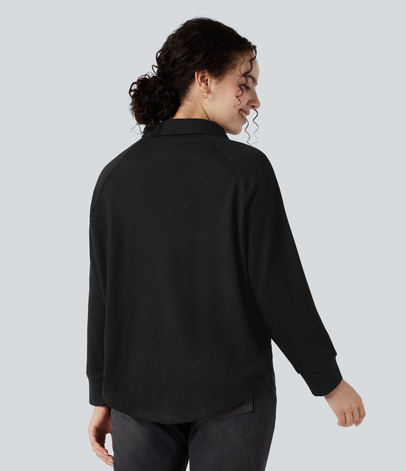 Sweatshirt mit Reverskragen und Raglanärmeln, langärmlig, High‑Low‑Saum, locker und lässig Sweatshirt mit Reverskragen und Raglanärmeln, langärmlig, High‑Low‑Saum, locker und lässig