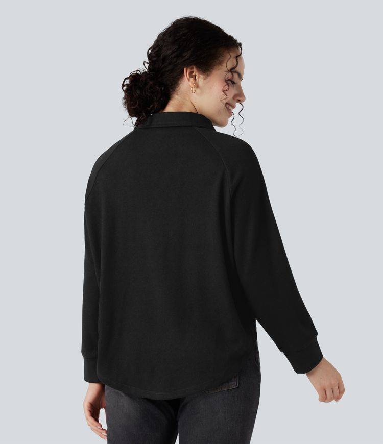 Sweatshirt mit Reverskragen und Raglanärmeln, langärmlig, High‑Low‑Saum, locker und lässig Sweatshirt mit Reverskragen und Raglanärmeln, langärmlig, High‑Low‑Saum, locker und lässig