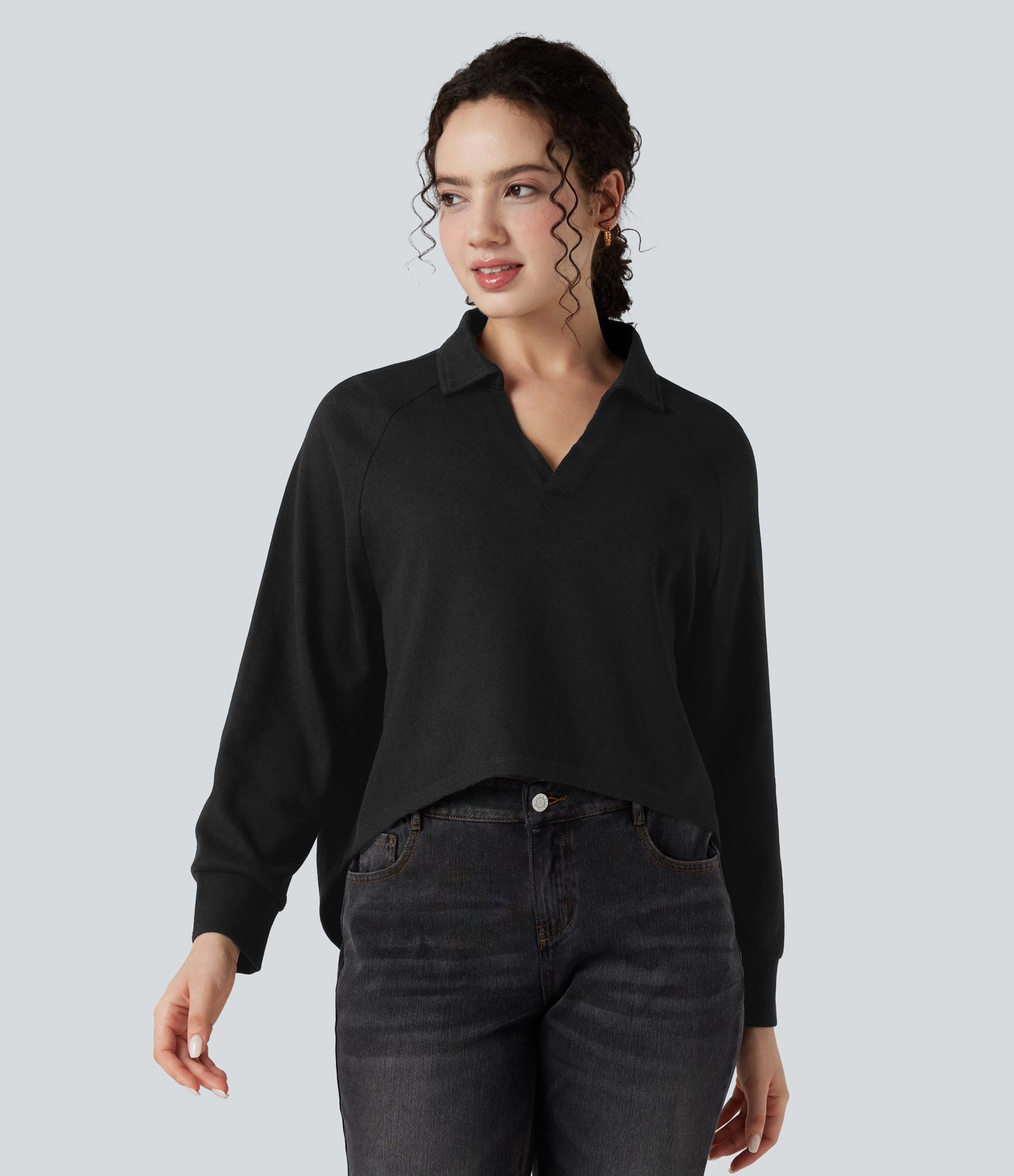 Sweatshirt mit Reverskragen und Raglanärmeln, langärmlig, High‑Low‑Saum, locker und lässig Sweatshirt mit Reverskragen und Raglanärmeln, langärmlig, High‑Low‑Saum, locker und lässig