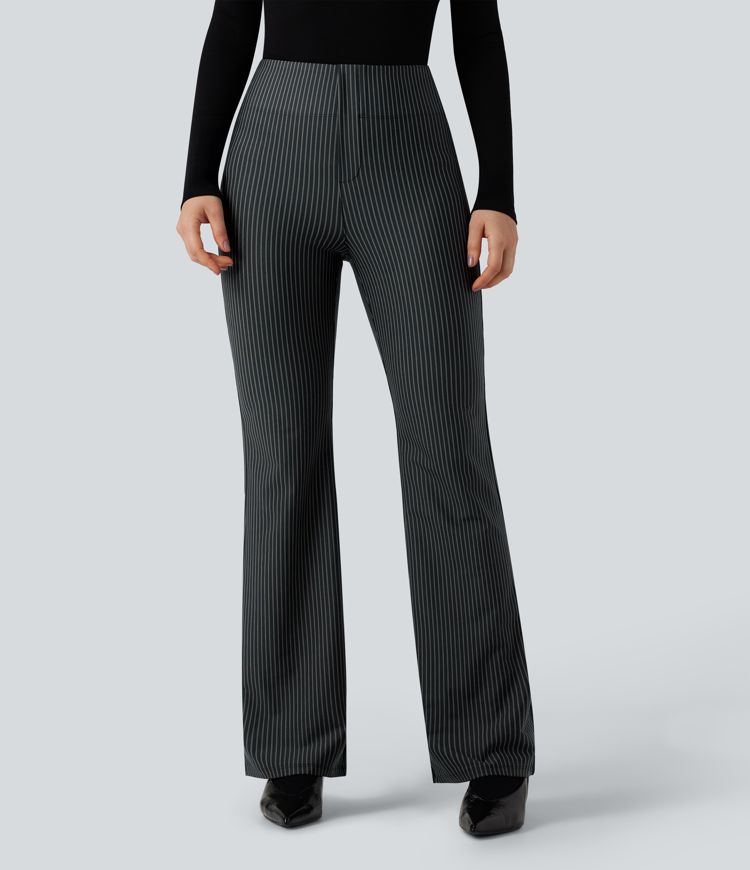 High Waisted Striped Work Flare Pants with Pockets