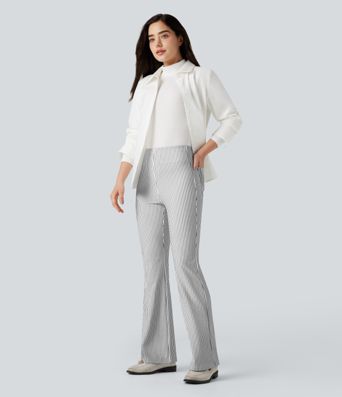 Pantalones acampanados de trabajo de talle alto a rayas con bolsillos