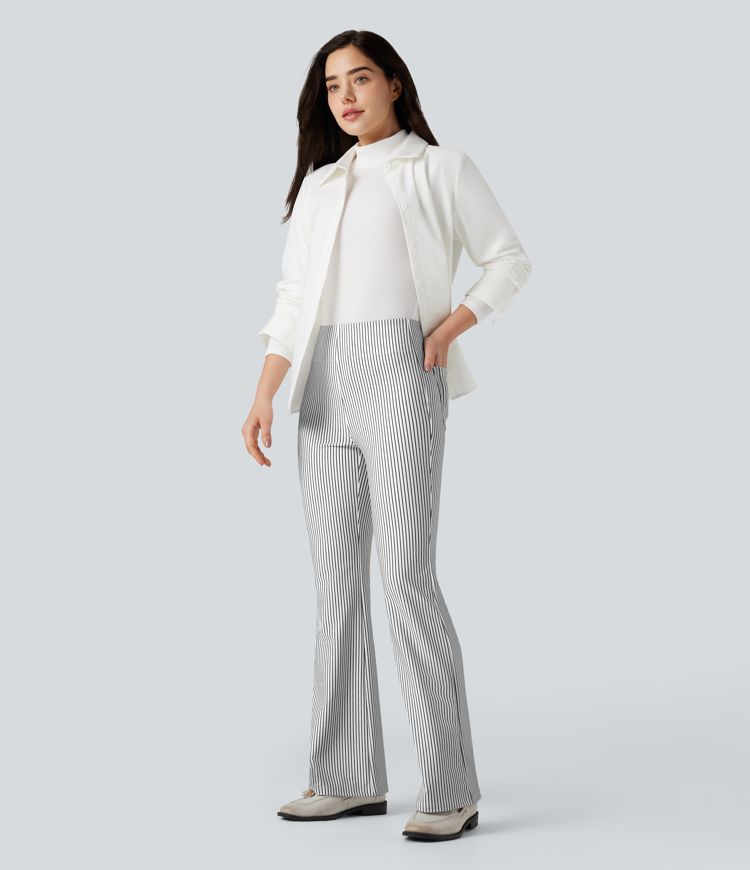 Pantalones acampanados de trabajo de talle alto a rayas con bolsillos