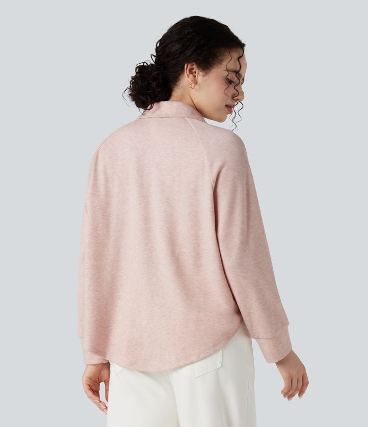 Sweat-shirt col tailleur manches raglan longues ourlet asymétrique coupe décontractée