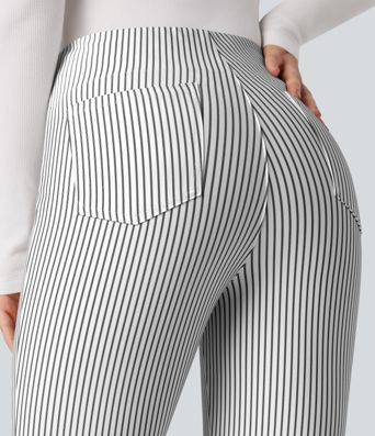 Pantalones acampanados de trabajo de talle alto a rayas con bolsillos