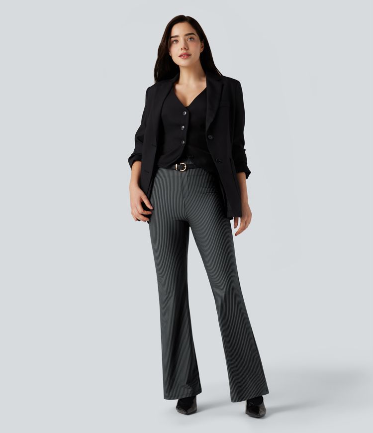High Waisted Striped Work Flare Pants with Pockets