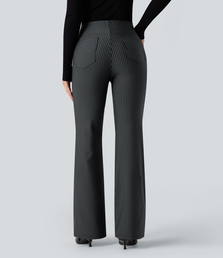High Waisted Striped Work Flare Pants with Pockets