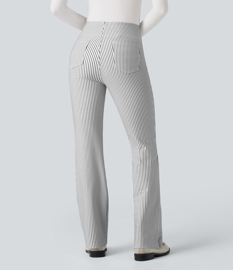 Pantalones acampanados de trabajo de talle alto a rayas con bolsillos