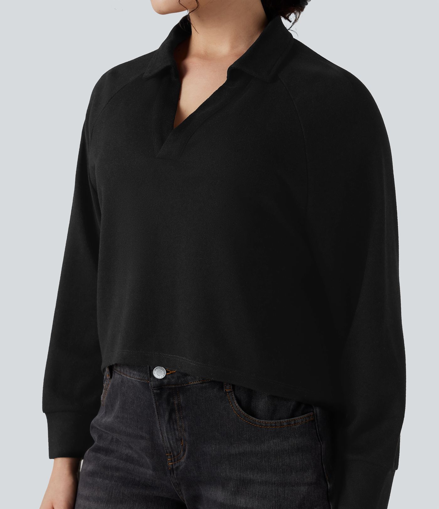 Sweatshirt mit Reverskragen und Raglanärmeln, langärmlig, High‑Low‑Saum, locker und lässig Sweatshirt mit Reverskragen und Raglanärmeln, langärmlig, High‑Low‑Saum, locker und lässig
