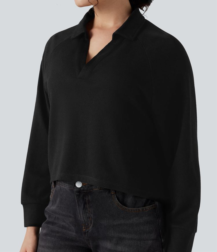 Sweatshirt mit Reverskragen und Raglanärmeln, langärmlig, High‑Low‑Saum, locker und lässig Sweatshirt mit Reverskragen und Raglanärmeln, langärmlig, High‑Low‑Saum, locker und lässig